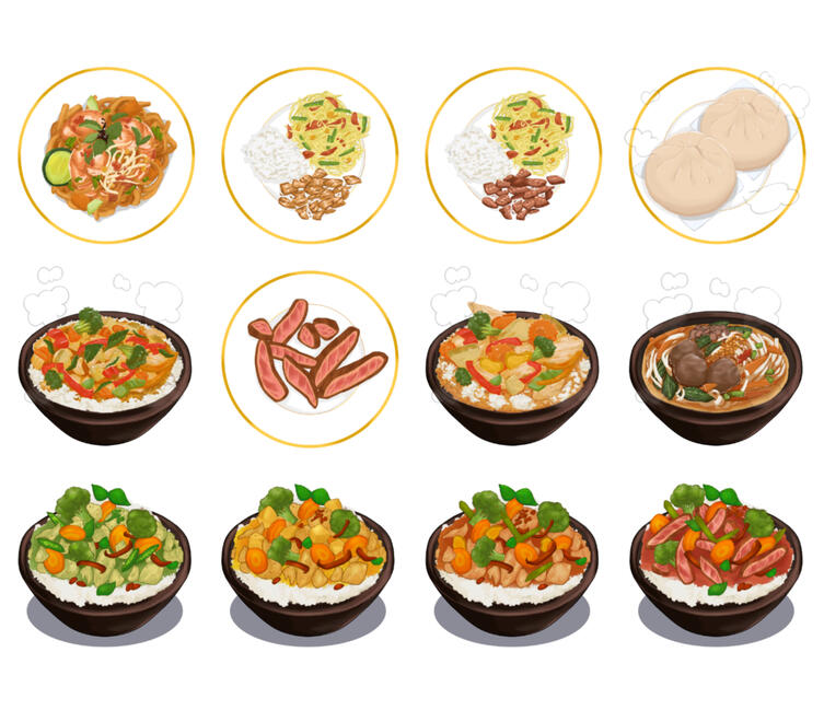 A Set of Thailand Foods: Curries, Noodles, Pad Thai, Som Tum, Bao Buns A Set of Thailand Foods: Curries, Noodles, Pad Thai, Som Tum, Bao Buns