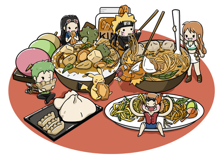 Anime characters easting Asian foods
